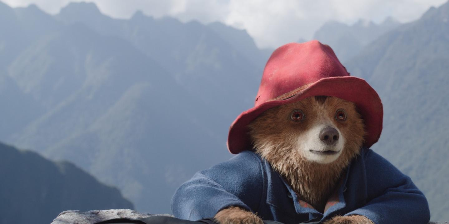 A cartoon bear, wearing a blue duffel coat and red hat, rests his arms on a rock against a mountainous background