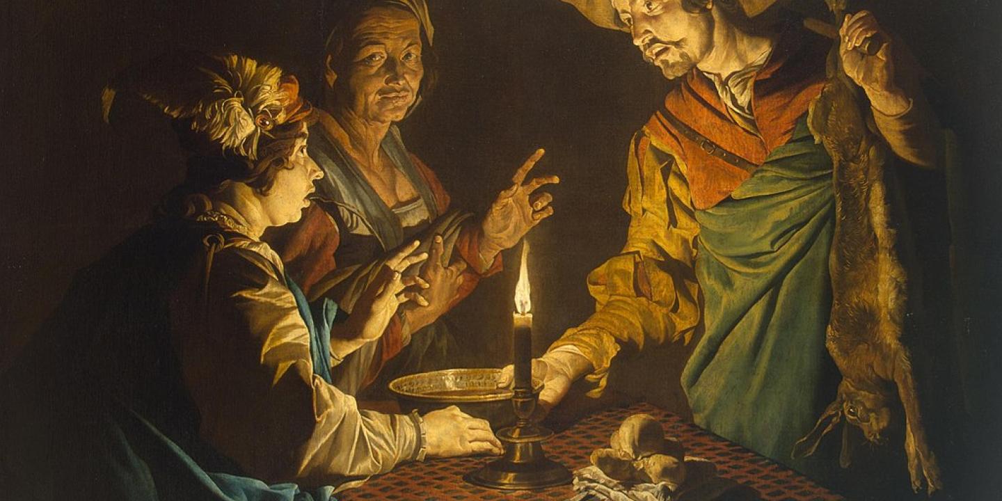 A renaissance picture depitcs Jacob and Esau, in contemporary clothing, around a table
