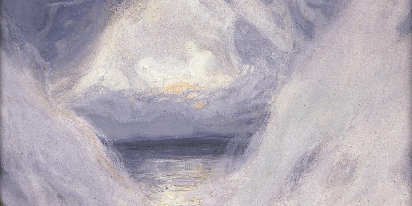 An abstract depiction of The Creation shows an aperture in a cloud like formation over water.