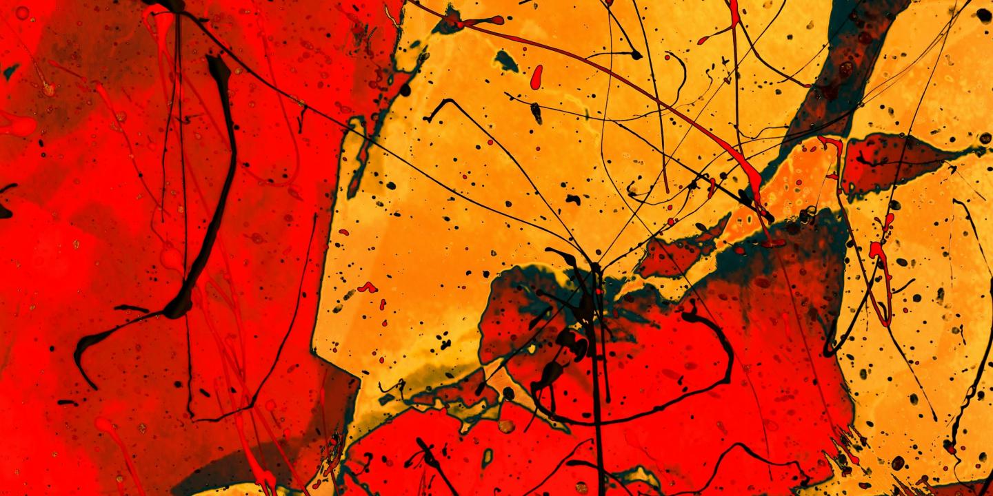 An abstract image of red and gold fluid shapes akin to stained glass, seem to depict a face and an upstretched hand.