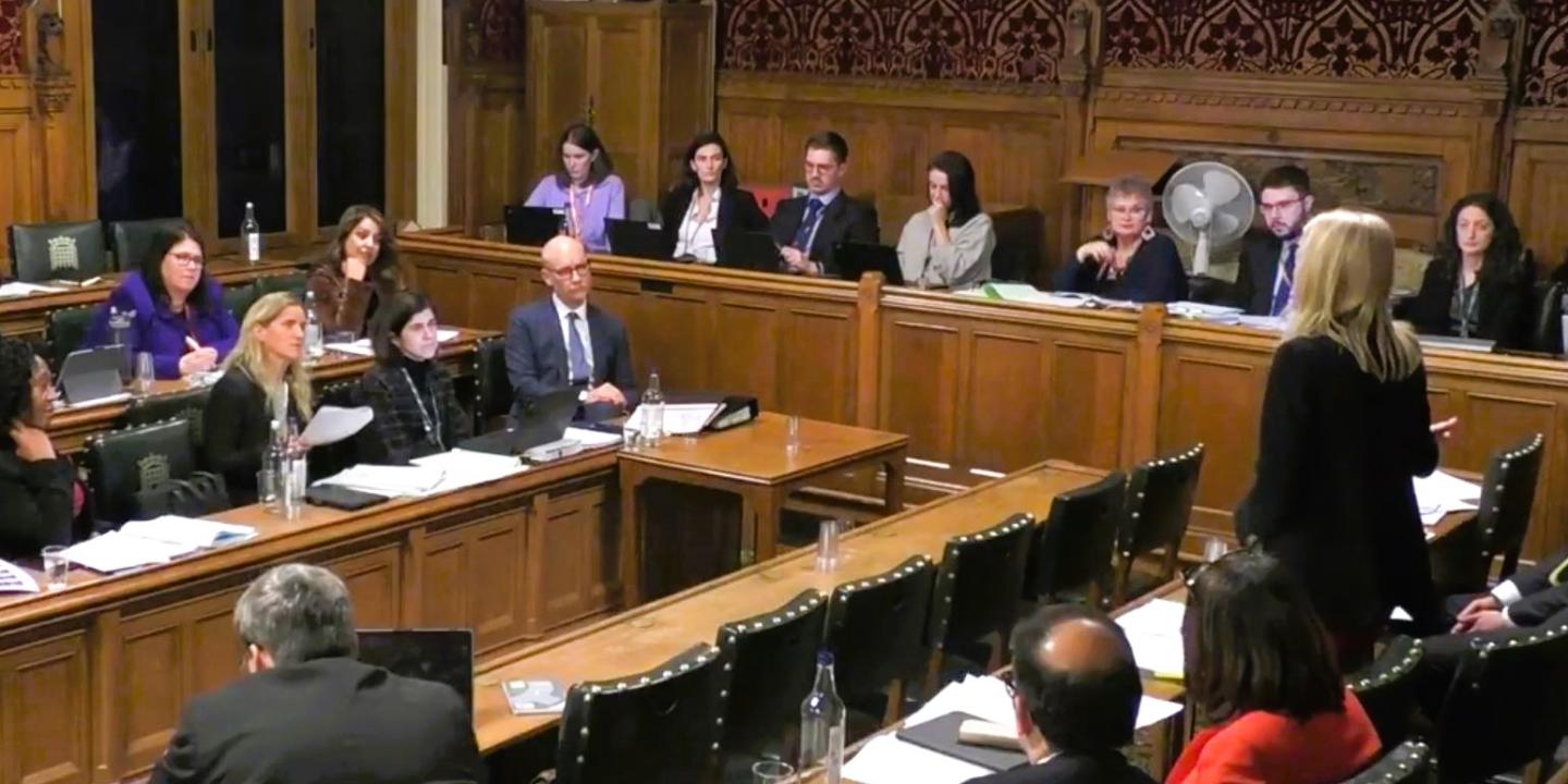 A parliamentary committee meets, sitting at wooden raised desks in a wood panelled room.