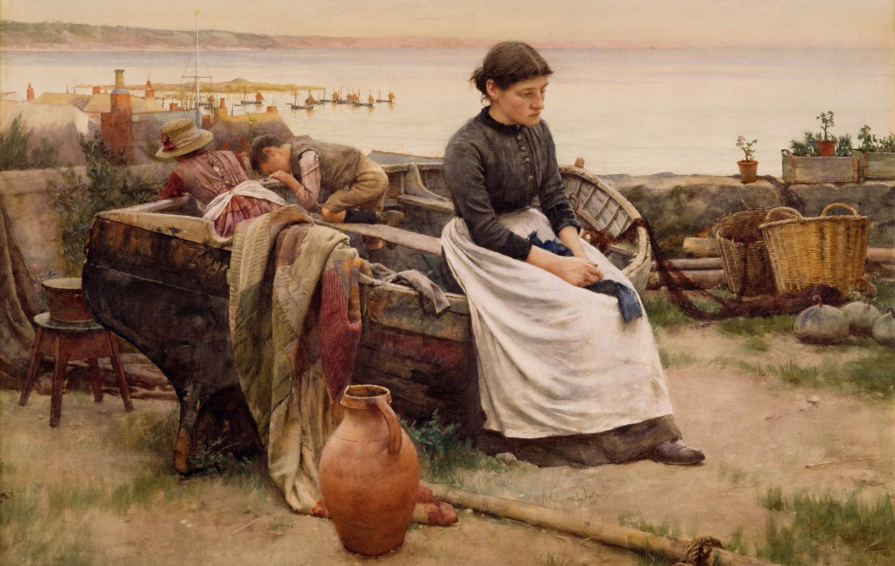 A Victorian fisherwoman sits on a beached boat, shoulder slumped.