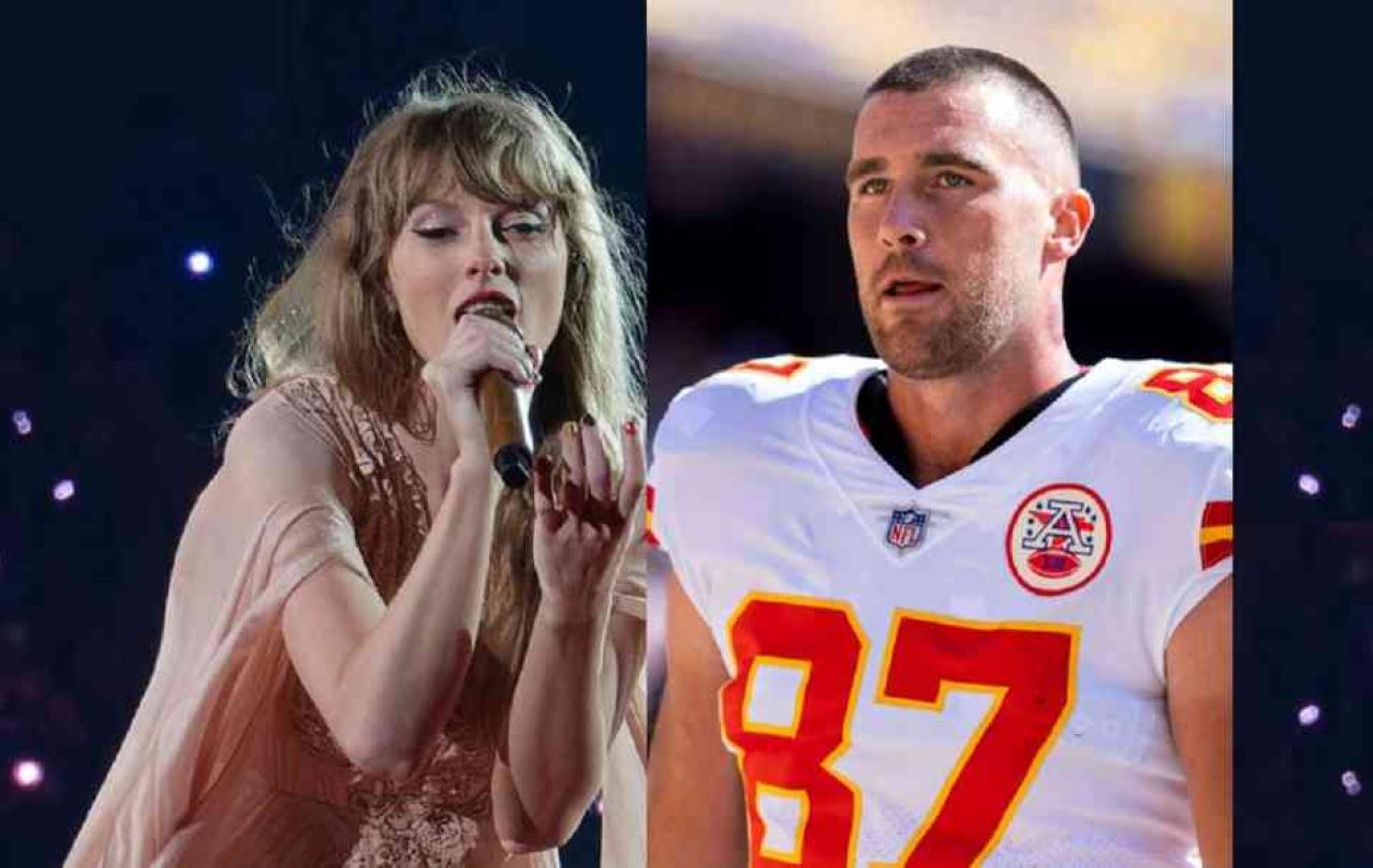 A montage shows Taylor swift leaning and singing into a microphone. And, Travis Kelce in his team's kit.