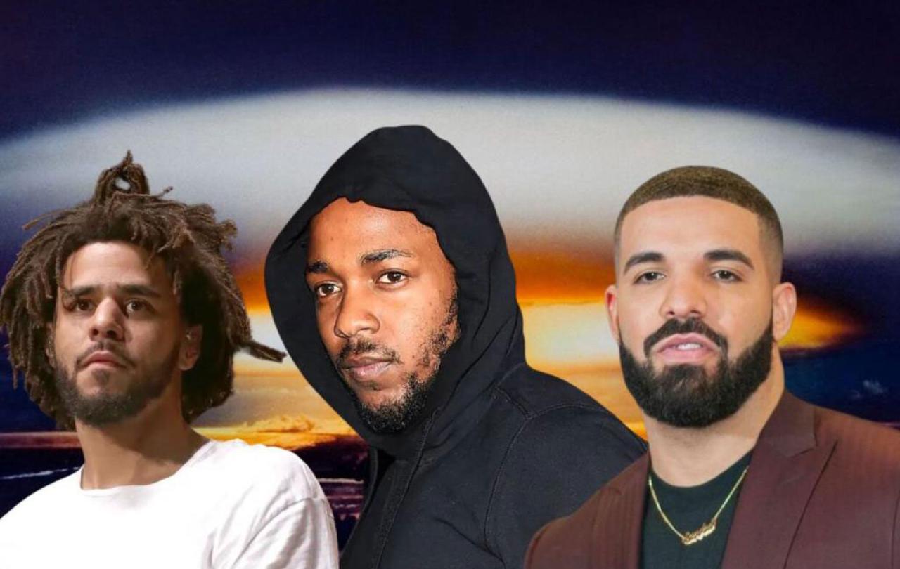 A composite image of three rappers, Cole, Lamar and Drake against a mushrooming cloud.