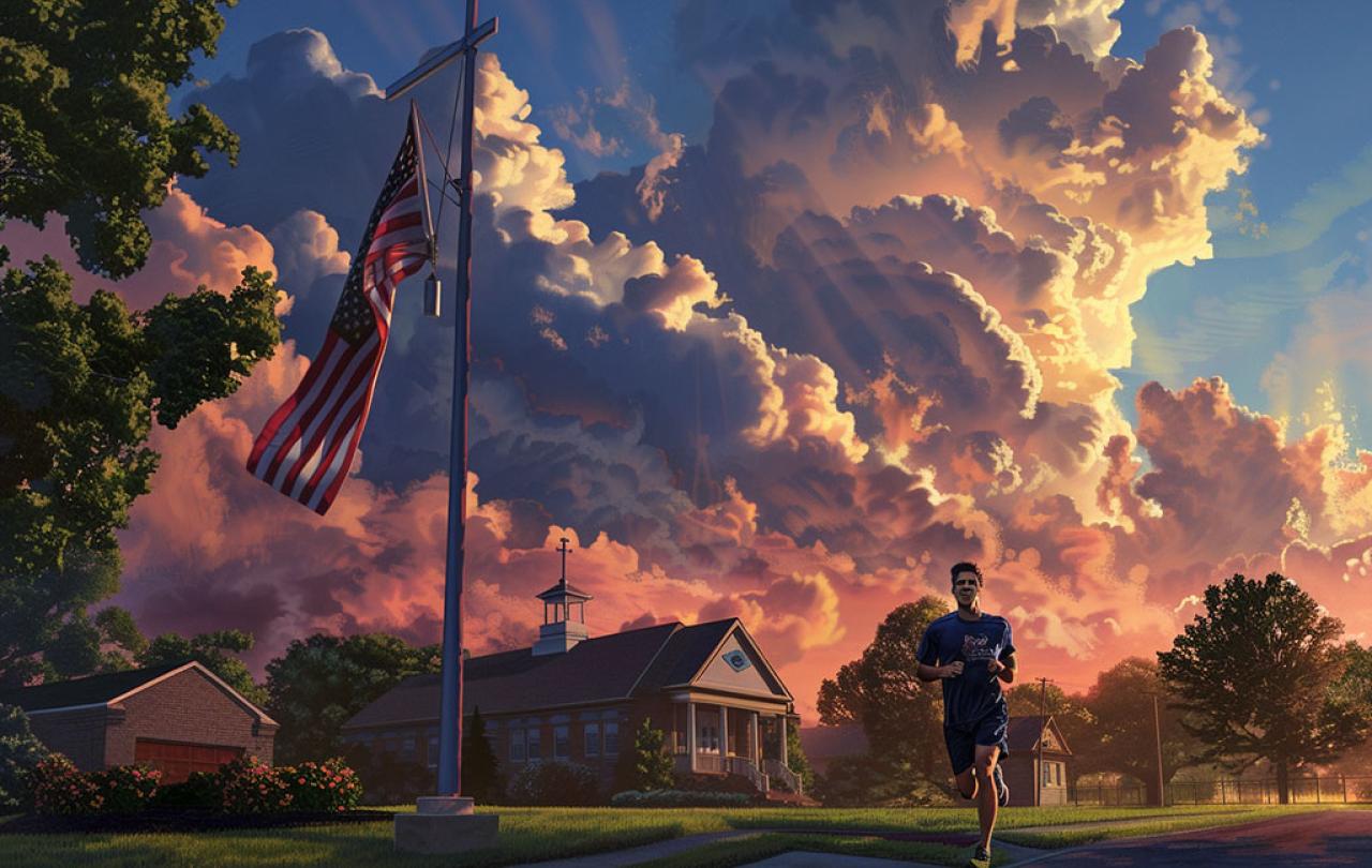 A runner passes a church and a flag in an America suburb, under billowing clouds.