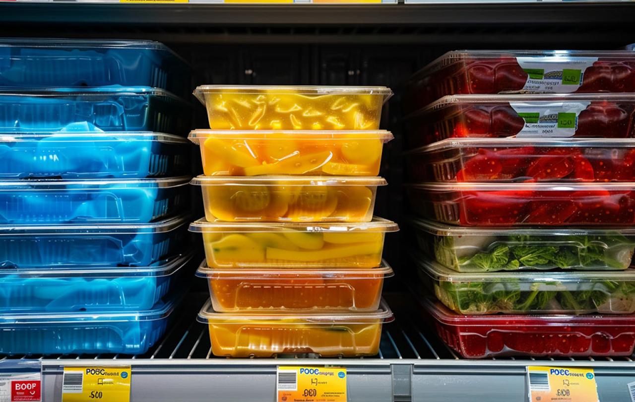 Three piles of ready-meals sit on a shelf. One stack is blue, the next yellow and the third red.