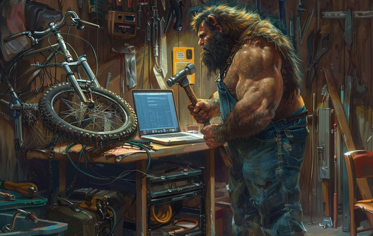 A caveman holding a hammer looks at a bench on which are a broken bicycle and a laptop.