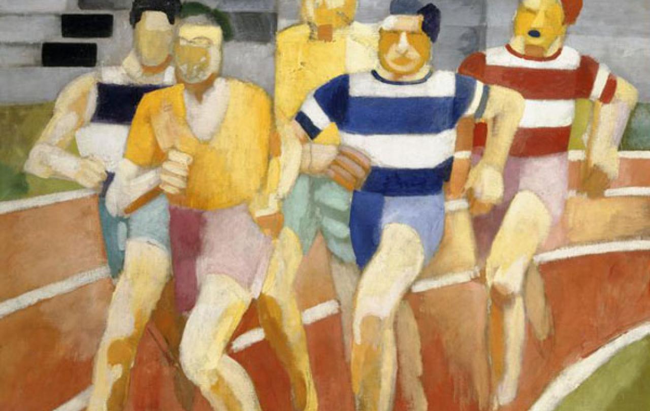 An impressionist painting of runners bunched together on the bend of a track.