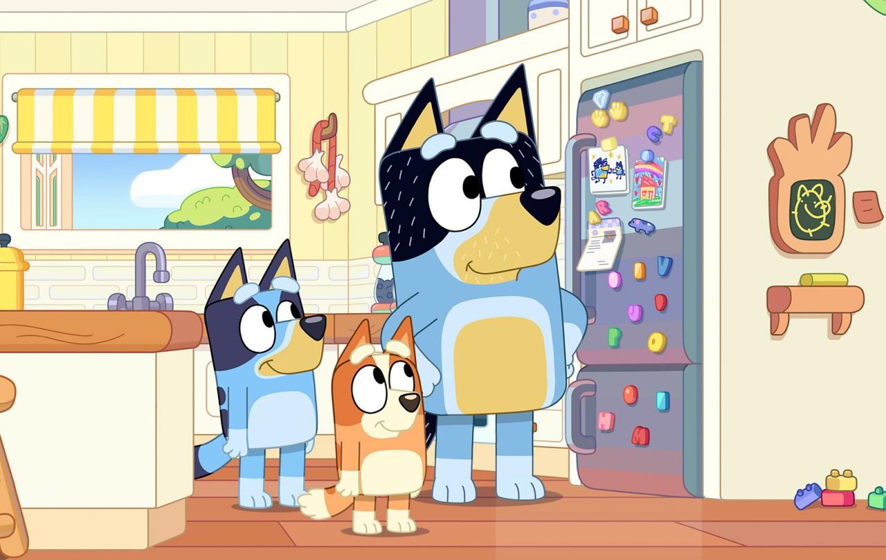 A cartoon dog family stand in their kitchen