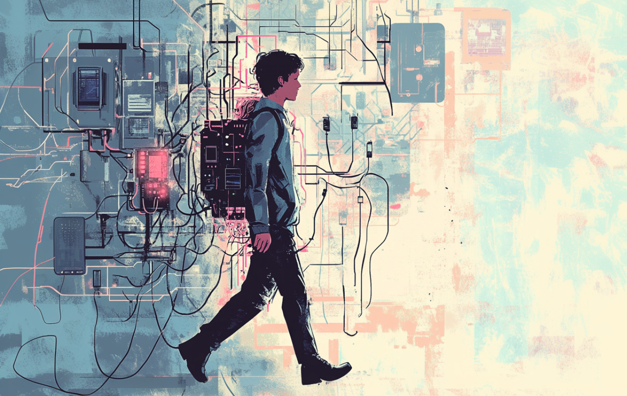 A person wearing a heavy backpack of tech, connected by tangled cables to other technology behind him, walks towards a simpler space.