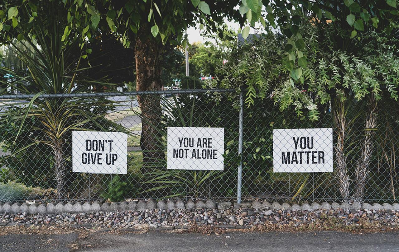 yard signs read: Don't give up. You are not alone. You matter.