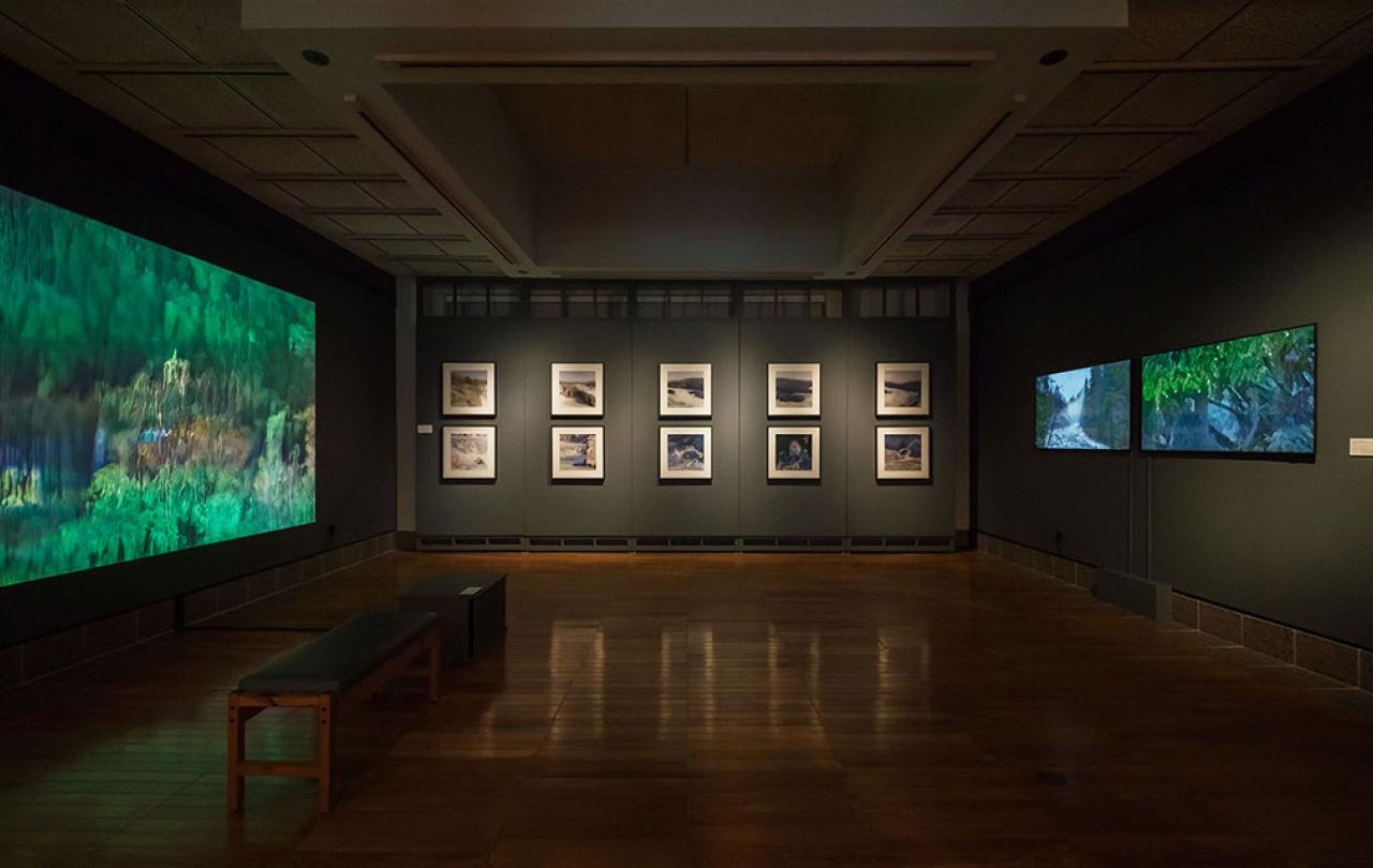 A darkened art gallery displays images and screens on three walls.