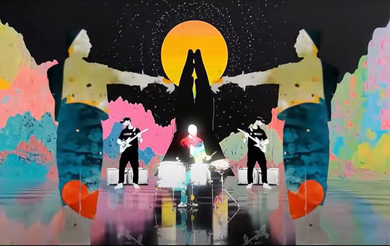 A colourful graphic overlay of praying hands over a band playing.