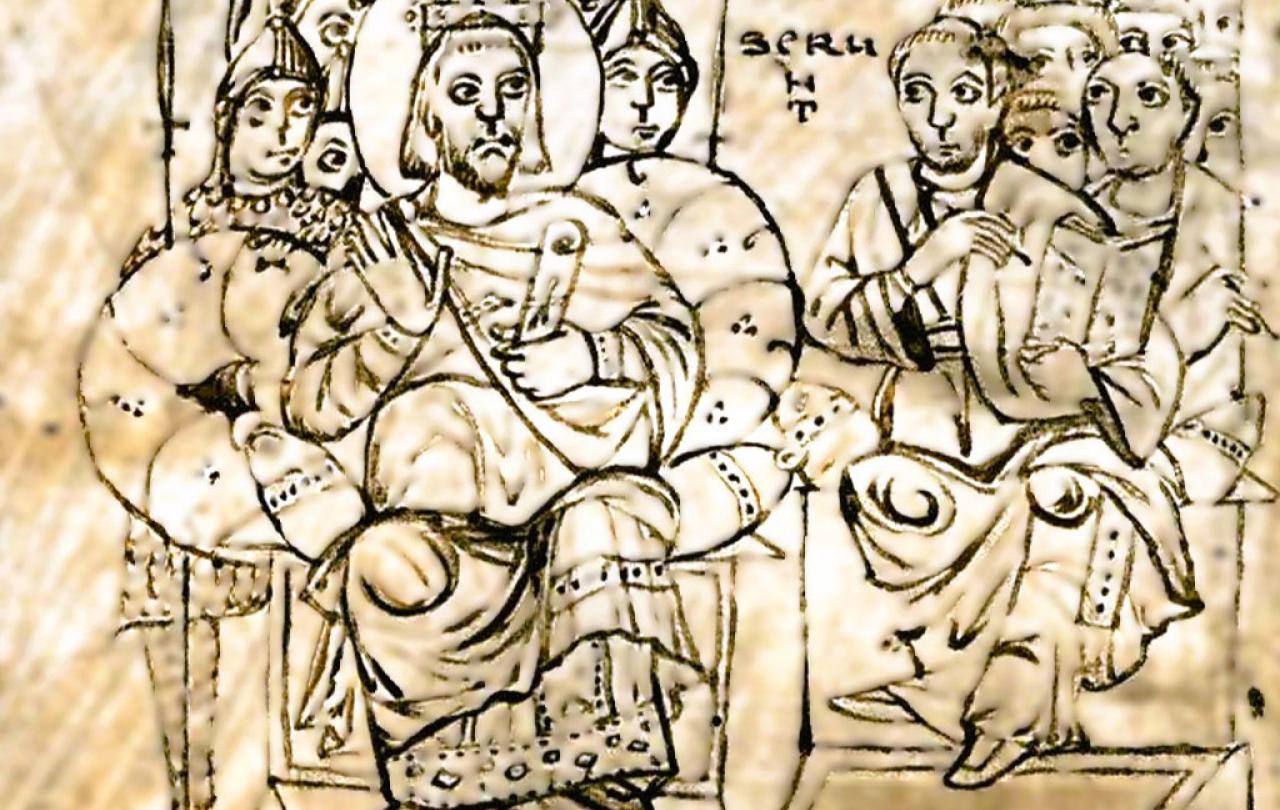 A ink drawing of Constantine the Emperor on a throne listening to people showing him books. 