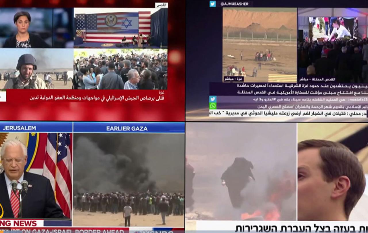 Split-screen on TC shows many different news channels in English, Arabic and Hebrew.