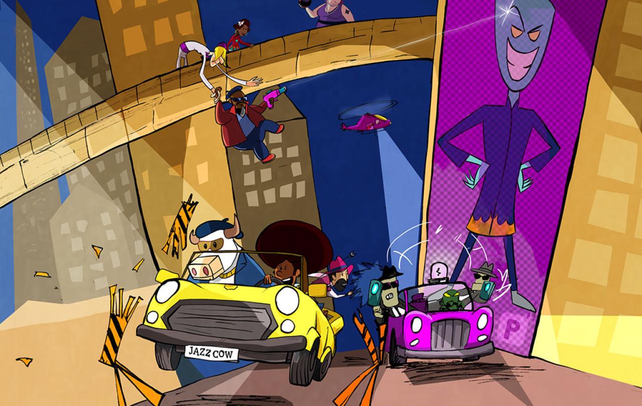 A cartoon chase sees a car driven by a cow escaping from a car of baddies under a giant poster of their villainous boss.