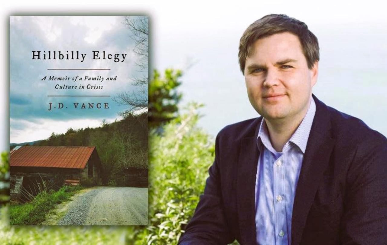 A book's front cover beside a portrait of the author, JD Vance