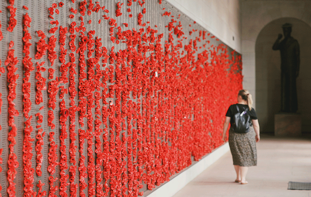 A woman walls along a war memorial wall covered in red poppies.