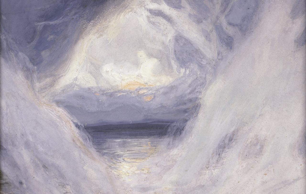 An abstract depiction of The Creation shows an aperture in a cloud like formation over water.