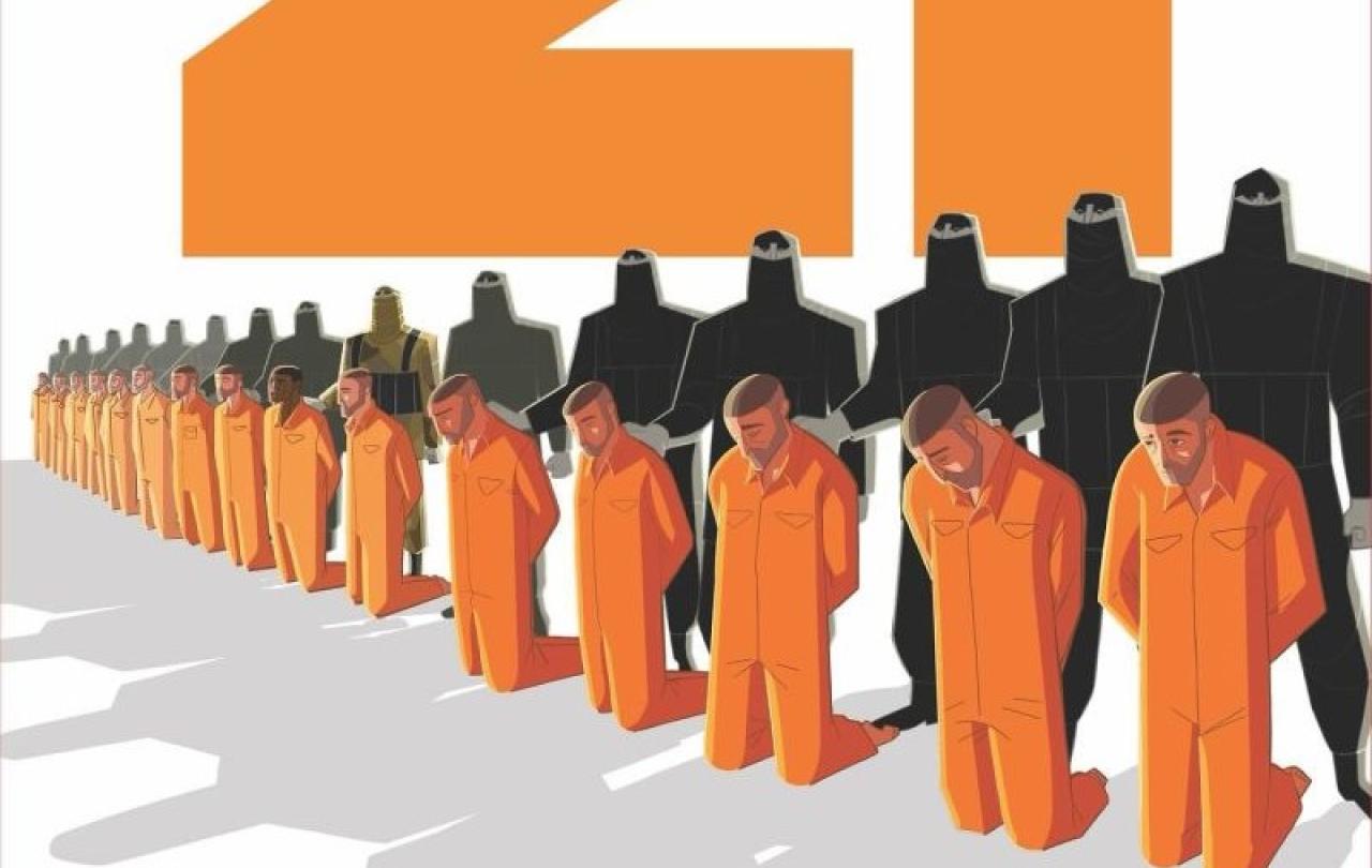 An graphic image shows 21 men in orange suits kneeling in front of executioners in black.
