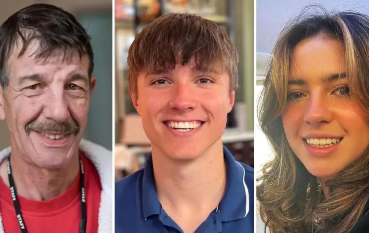 A montage shows three people, an older man, a young man and young woman.