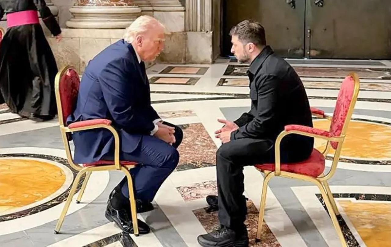 Trump and Zelensky sit and face each other.