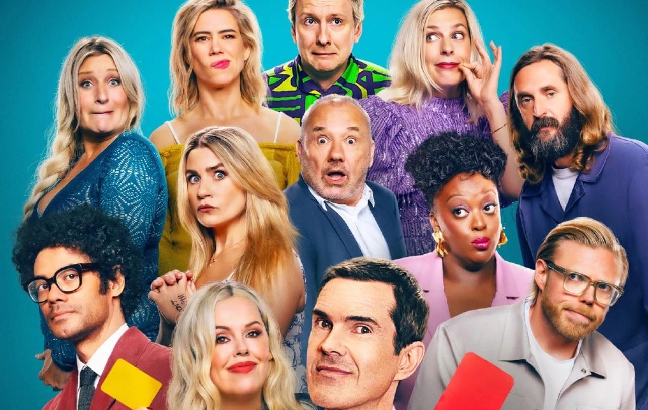 A montage shows a group of comedians trying not to laugh.