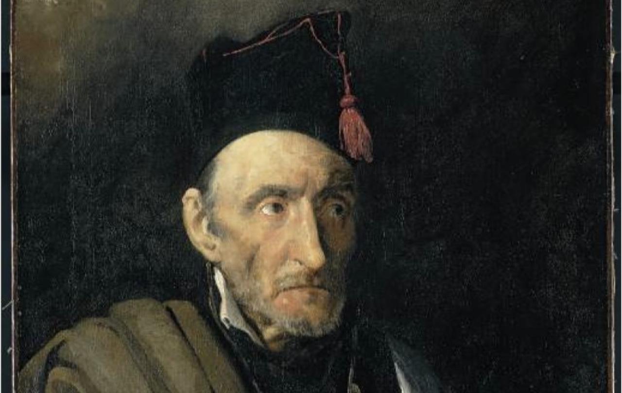 A painting of a haunted looking old man dressed in an imagined military uniform.