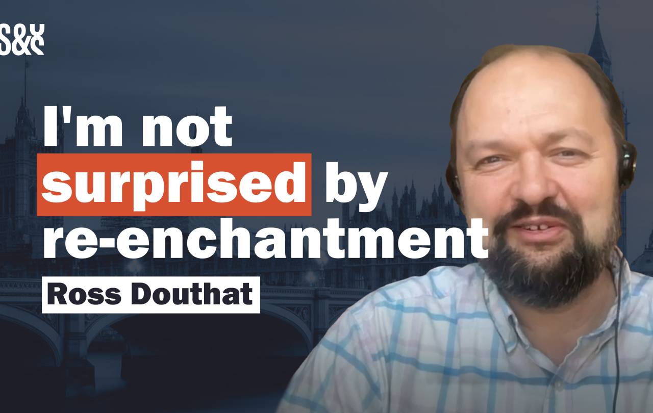 A video title card shows a guest and the quote; 'I am not surprised byre-enchantment