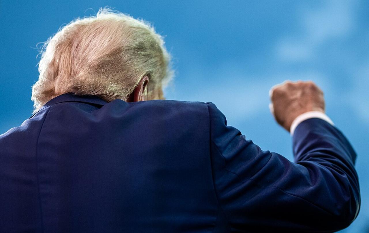 Viewed from behind, Trump raises a fist.