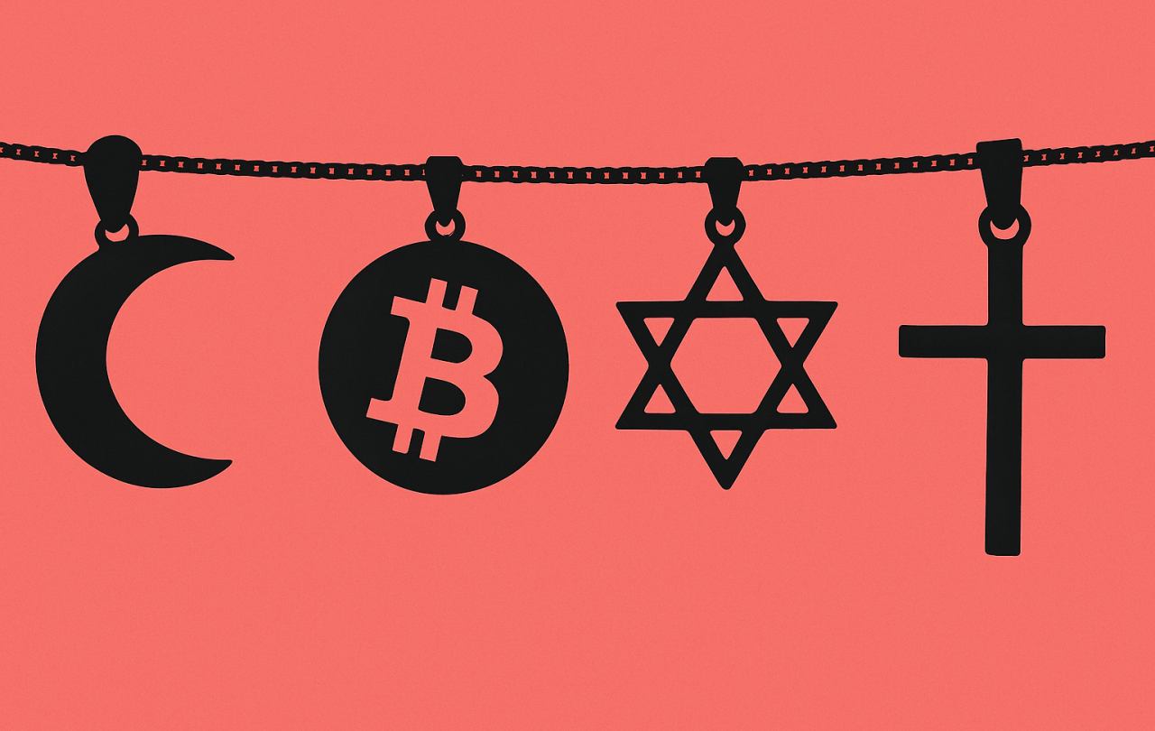 An image show a braclet that has a bitcoin symbol beside a cross, a crescent and a Star of David.