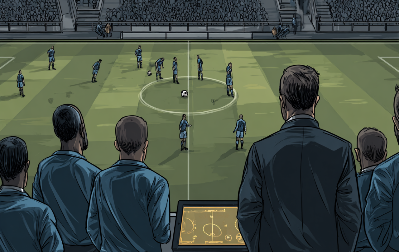 An AI image of apathetic football players being watched by dis-spirited fans.