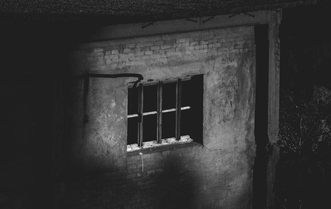 A barred window sits in a dark brick wall.