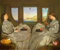 A painting shows two 19th century women in a carriage, one reading as the others snoozes.