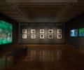 A darkened art gallery displays images and screens on three walls.