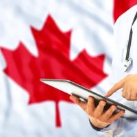 a doctor consults a tablet against the backdrop of a Canadian flag.