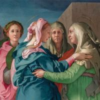 A Renaissance painting of Elizabeth greeting the Virgin birth show two woman reaching out to hug, while others look on.