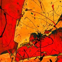 An abstract image of red and gold fluid shapes akin to stained glass, seem to depict a face and an upstretched hand.